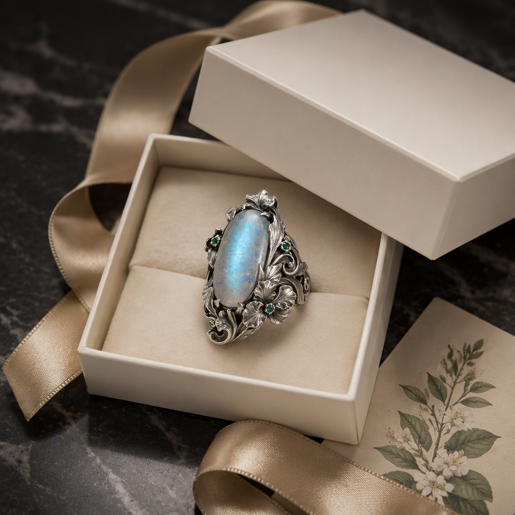 Moonstone Iris Flower Ring